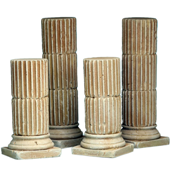 Crooked Dice Greek Columns. Set of decorative columns with striped design on a white background