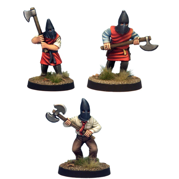 Set of 3 hooded cultist miniatures with axes. Two in tunics, one in shirt and tie. White metal, supplied unpainted. Ideal for horror tabletop RPGs.