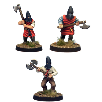 Set of 3 hooded cultist miniatures with axes. Two in tunics, one in shirt and tie. White metal, supplied unpainted. Ideal for horror tabletop RPGs.