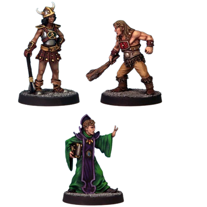 Set of 3 white metal miniatures: young warrior in horned helm with mace, young barbarian with club, young loremaster with spellbook casting a spell.