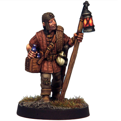 Crooked Dice Lantern Bearer. A 29mm white metal miniature featuring a lantern-bearer with detailed equipment. Supplied unpainted with a 25mm round slottabase

