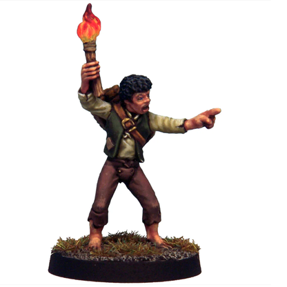 Crooked Dice Link Boy. A white metal miniature featuring a youth with a flaming torch and pannier of spare torches. Supplied unpainted with a 25mm round plastic slottabase.
