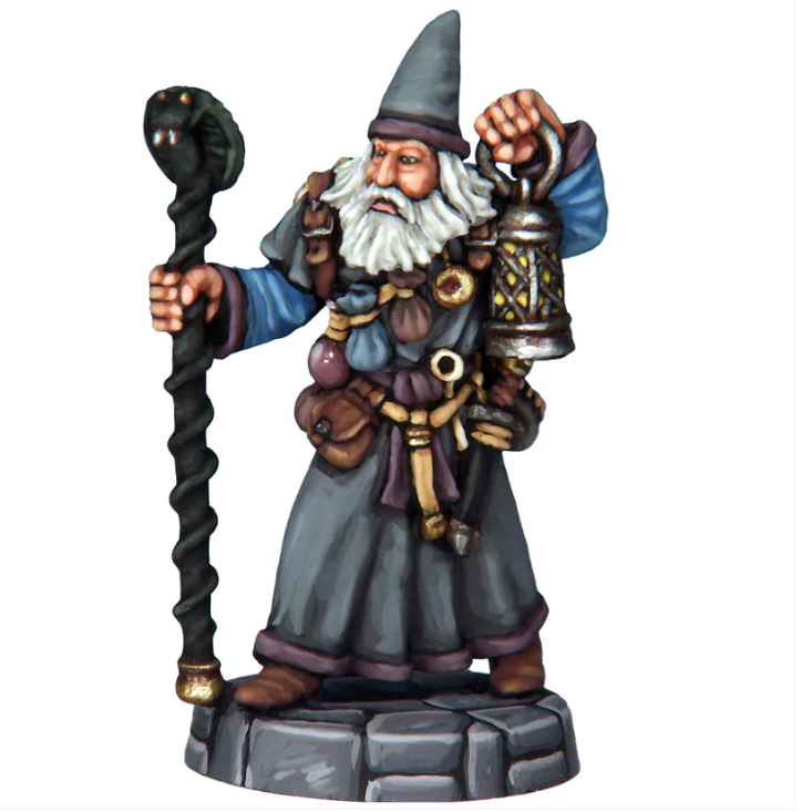 tabletop miniature  of a wizard holding a staff and lantern on a white background