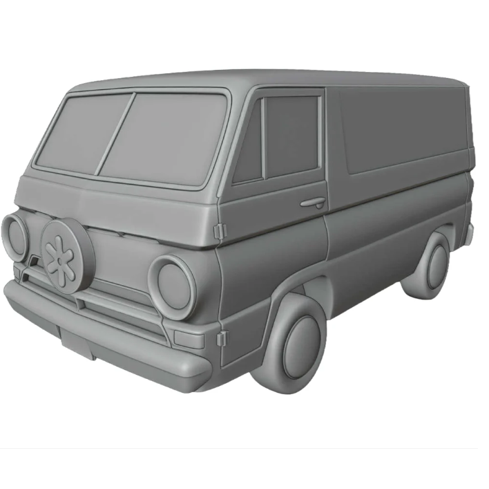 Gray van model on a white background. Crooked Dice Meddling Kids Van resin vehicle miniature 90mm long unpainted tabletop terrain model