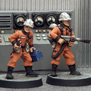 Minion Flamethrower & Technician by Crooked Dice, a set of two 28mm scale metal miniatures depicting henchmen wearing orange boiler suites and white hard hats, one has a flamethrower and one holding his toolbox in one hand and spanner in the other