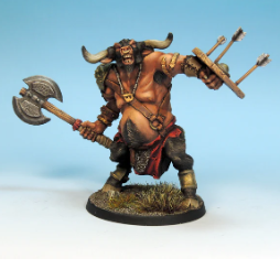 Painted miniature figure of a warrior with a weapon on a white background. Crooked Dice Minotaur white metal fantasy beastman miniature