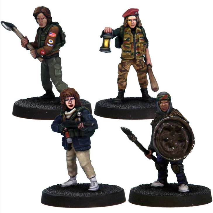 Crooked Dice Monster Hunters 2. Four miniature figures on black bases with various weapons and gear.