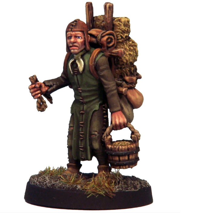 Crooked Dice Mule Handler. A white metal miniature featuring a mule-handler with detailed equipment. Supplied unpainted with a 25mm round plastic slot base
