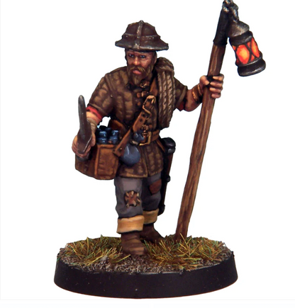 Miniature figurine of a character holding a lantern and axe on a white background. Crooked Dice Nightwatchman pewter fantasy guard miniature with lantern and 25mm slotta base unpainted