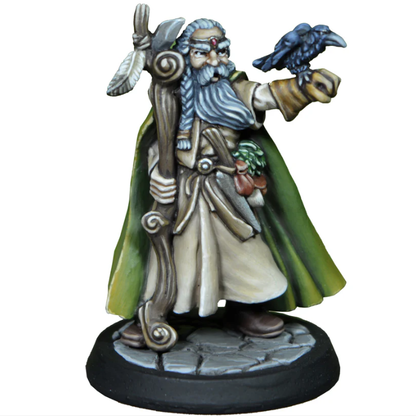 Old Druid miniature in robes with wooden staff and raven familiar on hand. White metal fantasy figure for RPGs and painting. Supplied unpainted.