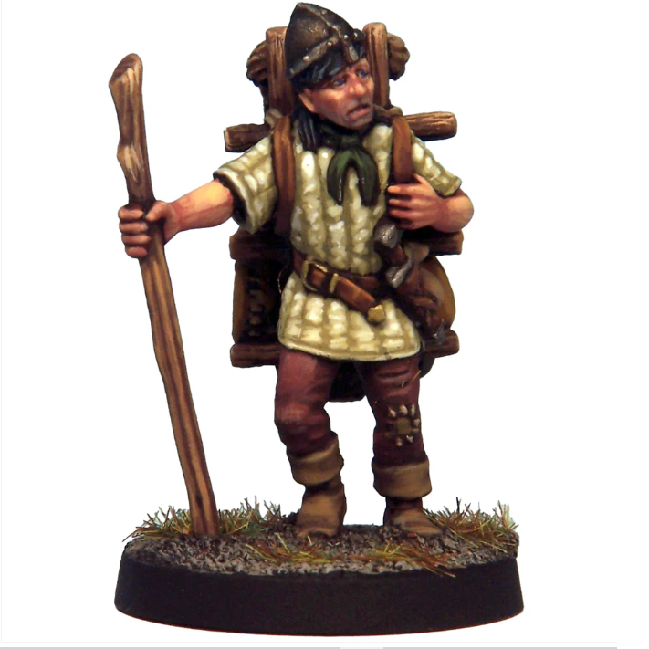 Crooked Dice Pack Bearer 1A. A 29mm white metal miniature featuring a pack-bearer with detailed equipment. Supplied unpainted with a 25mm round slottabase.
