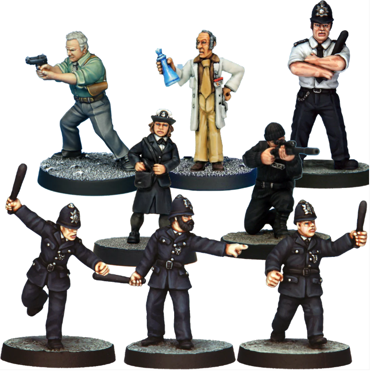 Police Starter Set. A collection of 8 white metal miniatures for tabletop gaming, including detectives, constables, and marksmen. Supplied unpainted with bases.
