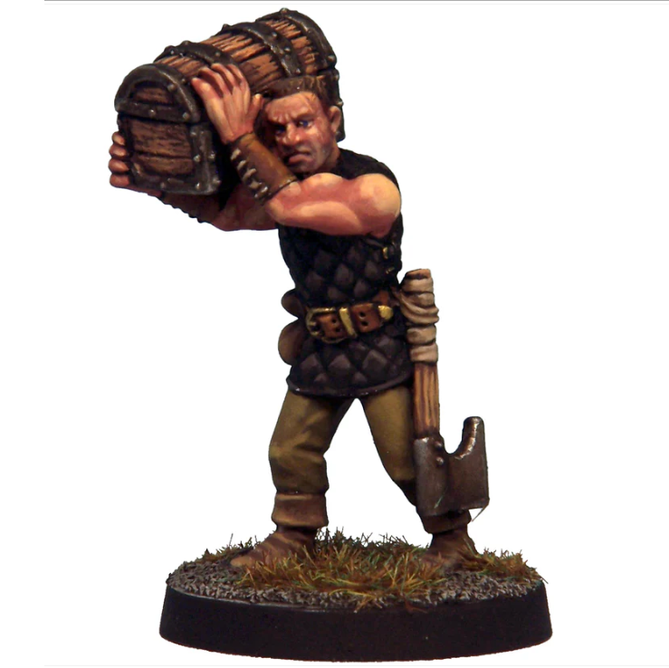 Crooked Dice Porter. A 30mm white metal miniature hand-sculpted by Ian Mountain. Features quilted jerkin, battle-axe, and chest. Supplied unpainted.
