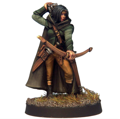 White metal ranger miniature holding a bow forward while reaching back for an arrow. Slight assembly required, supplied unpainted for tabletop RPGs.