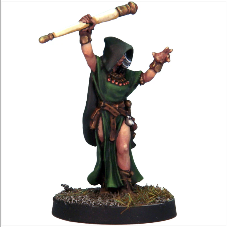 Female sorcerer miniature in hooded robes, casting pose with staff raised overhead and hand outstretched. White metal, supplied unpainted.