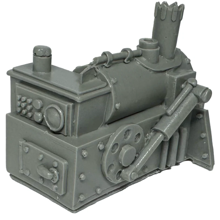 Crooked Dice Steam Pump. Grey metal model of a steam engine on a white background