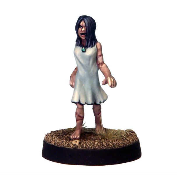 Crooked Dice Tamara. A 20mm white metal miniature depicting a possessed character, full of eerie detail. Supplied unpainted with a 20mm slotted base.
