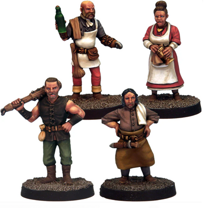 Tavernfolk 1 white metal tabletop miniatures set with four tavern characters unpainted
