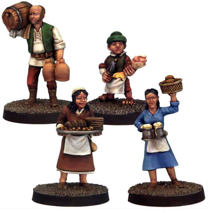 Four figurines of people in historical or fantasy attire on a white background