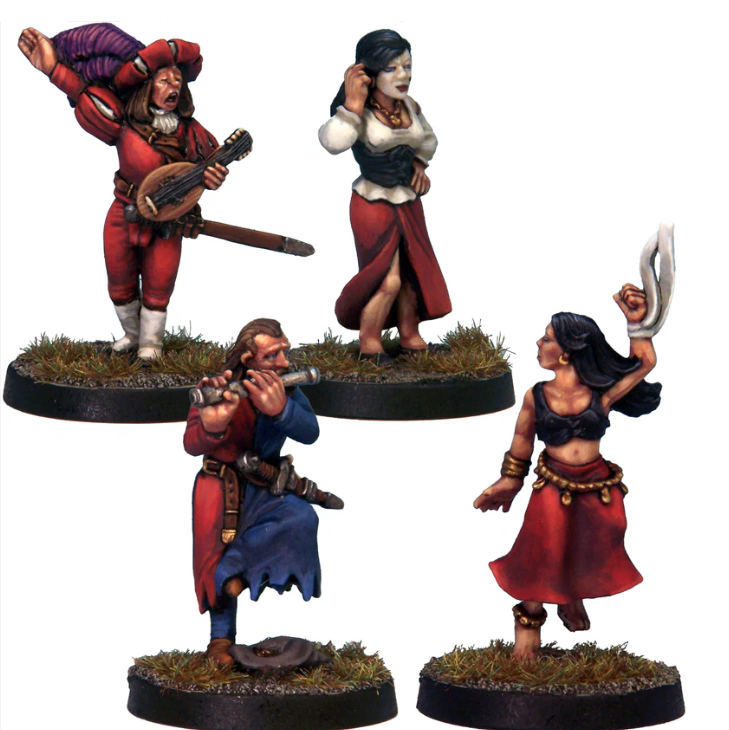 Tavernfolk 3 white metal tabletop miniatures set featuring bard, belly dancer and jester entertainers