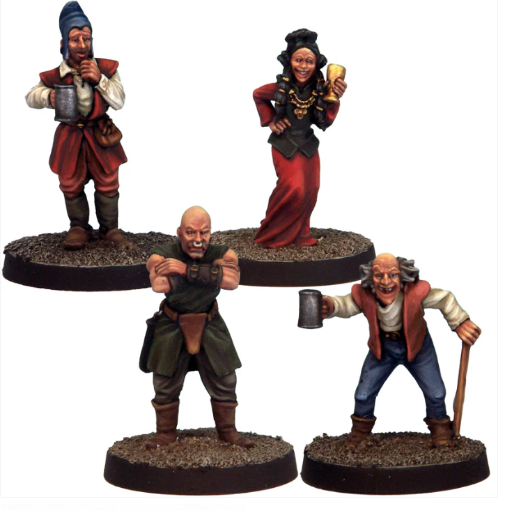 Crooked Dice Tavernfolk 4. Four painted miniature figures on round bases against a white background