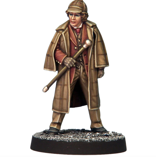 Statue of a person in a coat and hat holding a walking stick on a white background. Crooked Dice Temporal Traveller 4S white metal miniature Victorian time traveller with cape and deerstalker hat unpainted