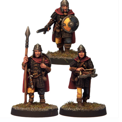 Crooked dice Town Watch white metal tabletop miniatures set with three armed guard figures unpainted