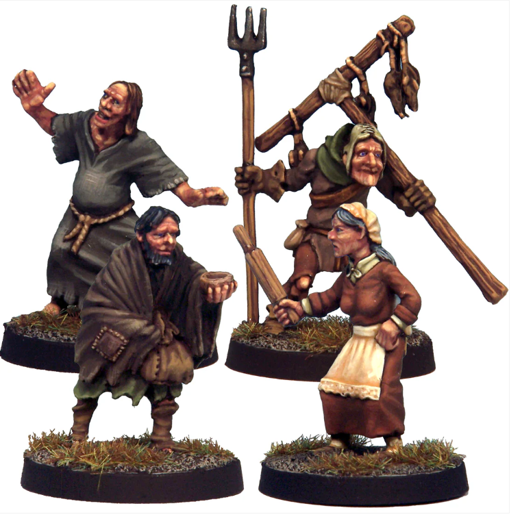 Crooked Dice Townsfolk 3. A set of 4 white metal miniatures featuring an old crone, hermit, beggar, and rat-catcher. Supplied unpainted with 25mm round slot bases.
