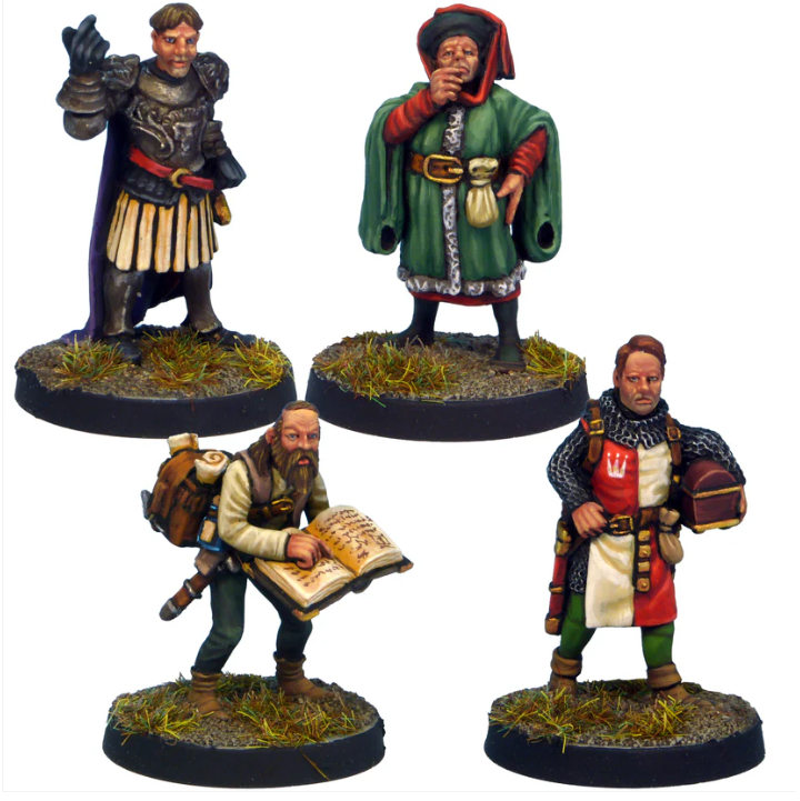 Crooked Dice Townsfolk 4. Four painted miniature figures on a white background