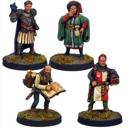 Crooked Dice Townsfolk 4. Four painted miniature figures on a white background