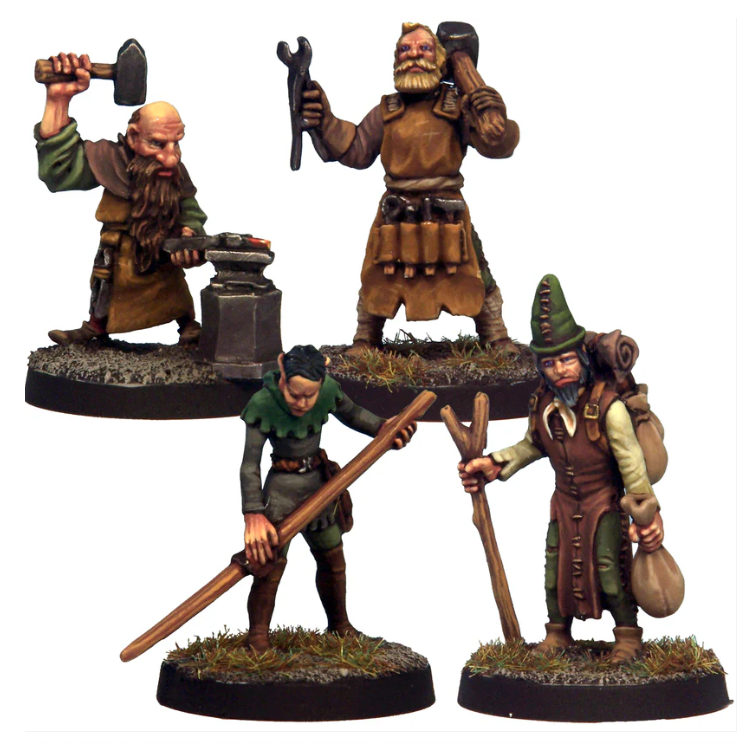 Crooked Dice Townsfolk 5. Four miniature figures of dwarves with tools on a white background