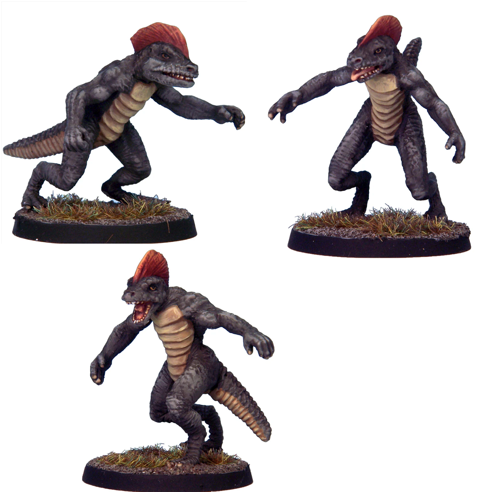 Set of 3 troglodyte miniatures – reptilian humanoid monsters for tabletop RPGs. Cast in white metal, 32mm tall. Supplied unpainted.