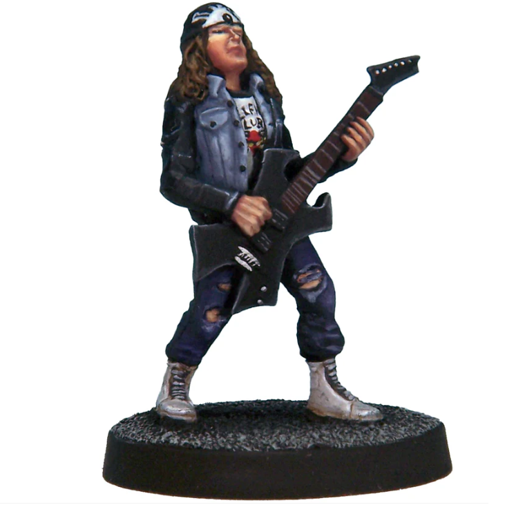 Crooked Dice Van Hellion. Statue of a person playing a guitar on a white background