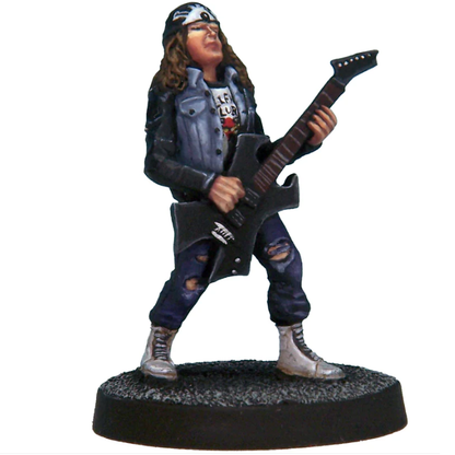 Crooked Dice Van Hellion. Statue of a person playing a guitar on a white background