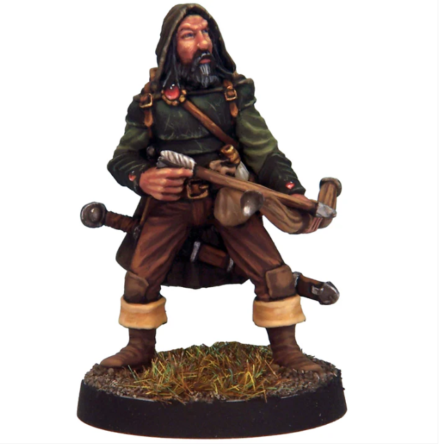 Figurine of a character in fantasy attire holding a weapon on a white background