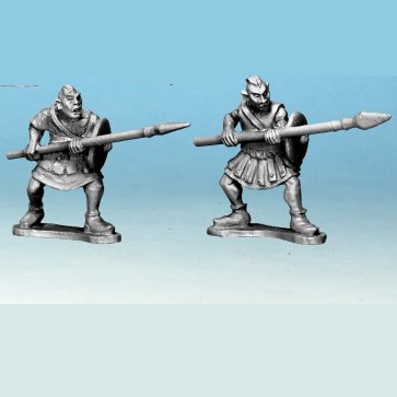 Crusade Miniatuers Goblins With Spears. Two metal figurines of warriors with spears on a gradient blue background