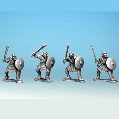 Crusade Miniatures Goblins With Sword & Shield. Four metallic warrior figurines with swords and shields on a gradient blue background