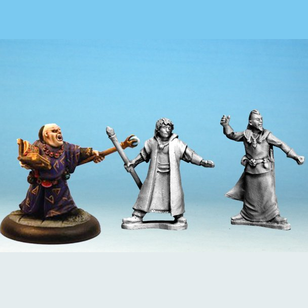 Crusade Miniatures Mages 28mm Metal Miniatures. Three miniature figurines on a gradient blue background