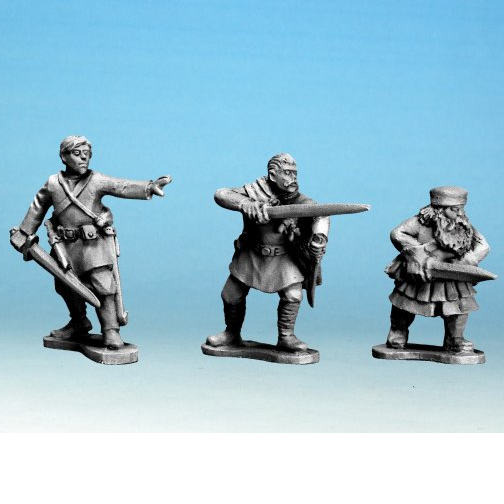 Three miniature figurines of soldiers with weapons on a gradient blue background