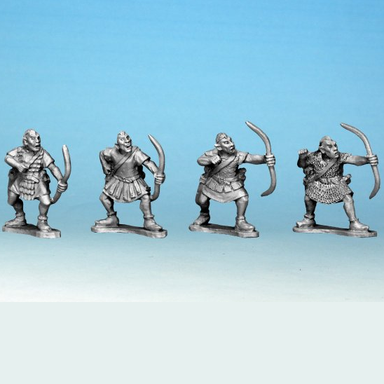 Crusader Miniatures Goblins With Bows. Four metallic figurines of warriors with bows and spears on a gradient blue background