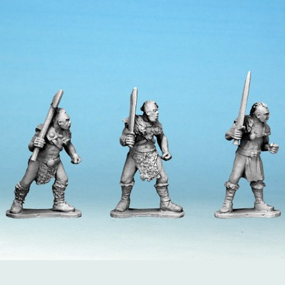 Crusader Miniatures Half Orc Marauders With Hand Weapons And Shields. Three metal figurines of armoured warriors with weapons on a gradient blue background