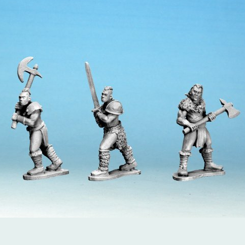 Crusader Miniatures Half Orc Marauders With Two-Handed Weapons. Three miniature figurines of warriors with weapons on a gradient blue background