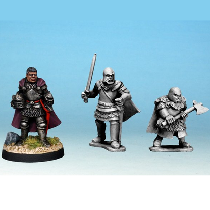 Crusader Miniatures Paladins Three miniature figurines of armoured warriors on a gradient blue background