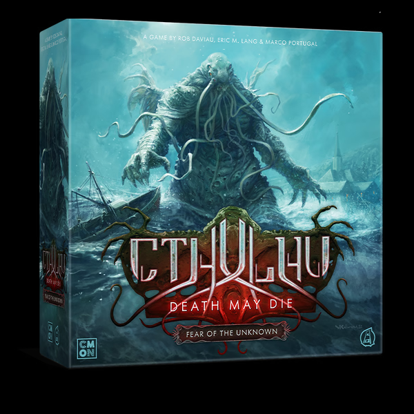 Cthulhu: Death May Die Fear of the Unknown. Board game box for 'Cthulhu: Death May Die' with a dark fantasy design.