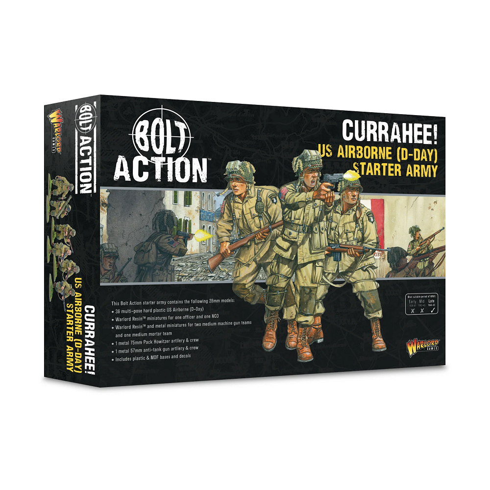 Currahee! US Airborne Starter Army. Assemble a battle-ready D-Day force with 36 infantry, artillery, and heavy weapons. Perfect for Bolt Action wargames.
