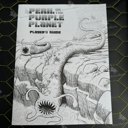 DCC Peril On The Purple Planet Player Guide, a black and white paper document designed for players to annotate during their exploration of the Purple Planet