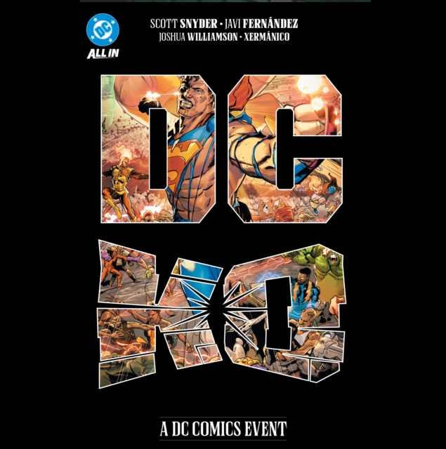 DC Comics All In graphic novel cover featuring large stylized 'DC' and 'MAD' lettering filled with comic book panels on a black background, with creator names Scott Snyder, Javi Fernández, Joshua Williamson, and Xermanico at the top. DC K.O. graphic novel paperback by Scott Snyder and Javi Fernández