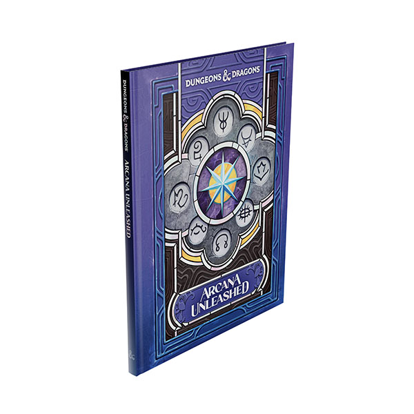 Dungeons & Dragons 5th Edition Arcana Unleashed rulebook, featuring a dark blue cover with a detailed purple and gold arcane symbol design, shown at a three-quarter angle on a white background. D&D Arcana Unleashed - Alternate Cover Hardback