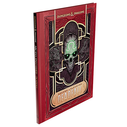 A Dungeons & Dragons Arcana Unleashed Deadfall book with a deep red cover, featuring a dark gothic illustration of a skull with glowing green eyes and ornate gold borders, shown on a plain white background. D&D Arcana Unleashed Deadfall - Alternate Cover Hardback
