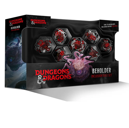 Image of seven clear D&D dice with red numbers, featuring a miniature 3D beholder inclusion inside each die. Ideal for RPG players and collectors.